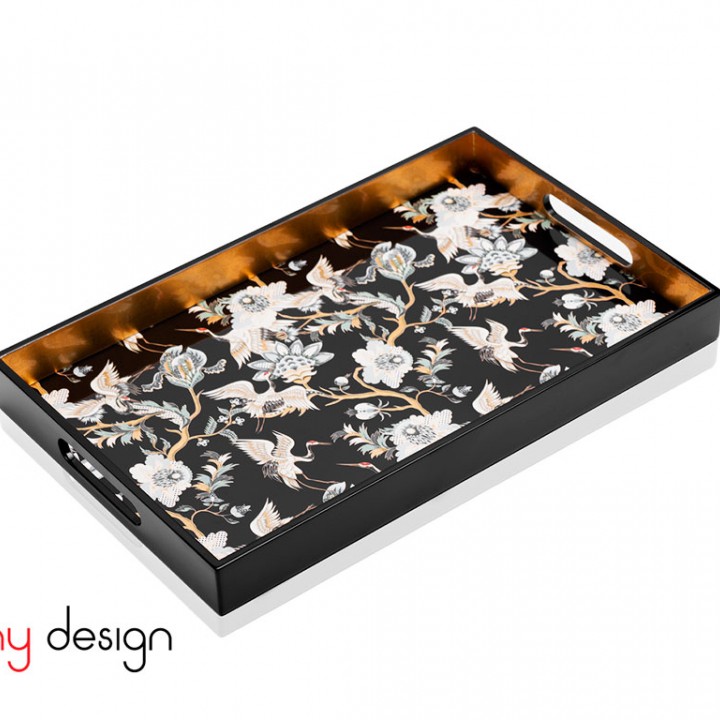 Black rectangle lacquer tray with white crane pattern 30*45*4.5 cm